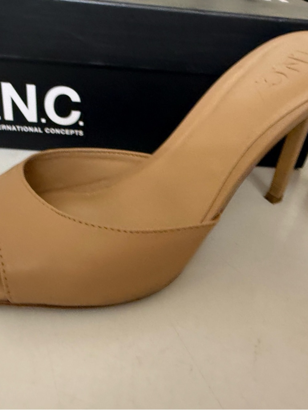 INC International Concepts Nude Tan Pointed Toe Mule Heels with Gold Cap - Picture 2 of 7